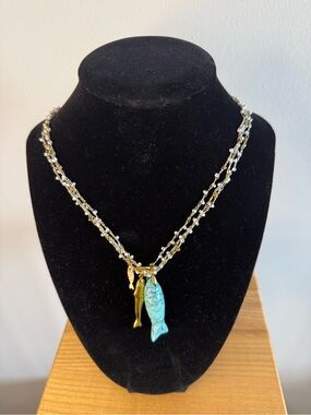 Crystal Chain Necklace with Turquoise Fish Pendant - Women Jewelry